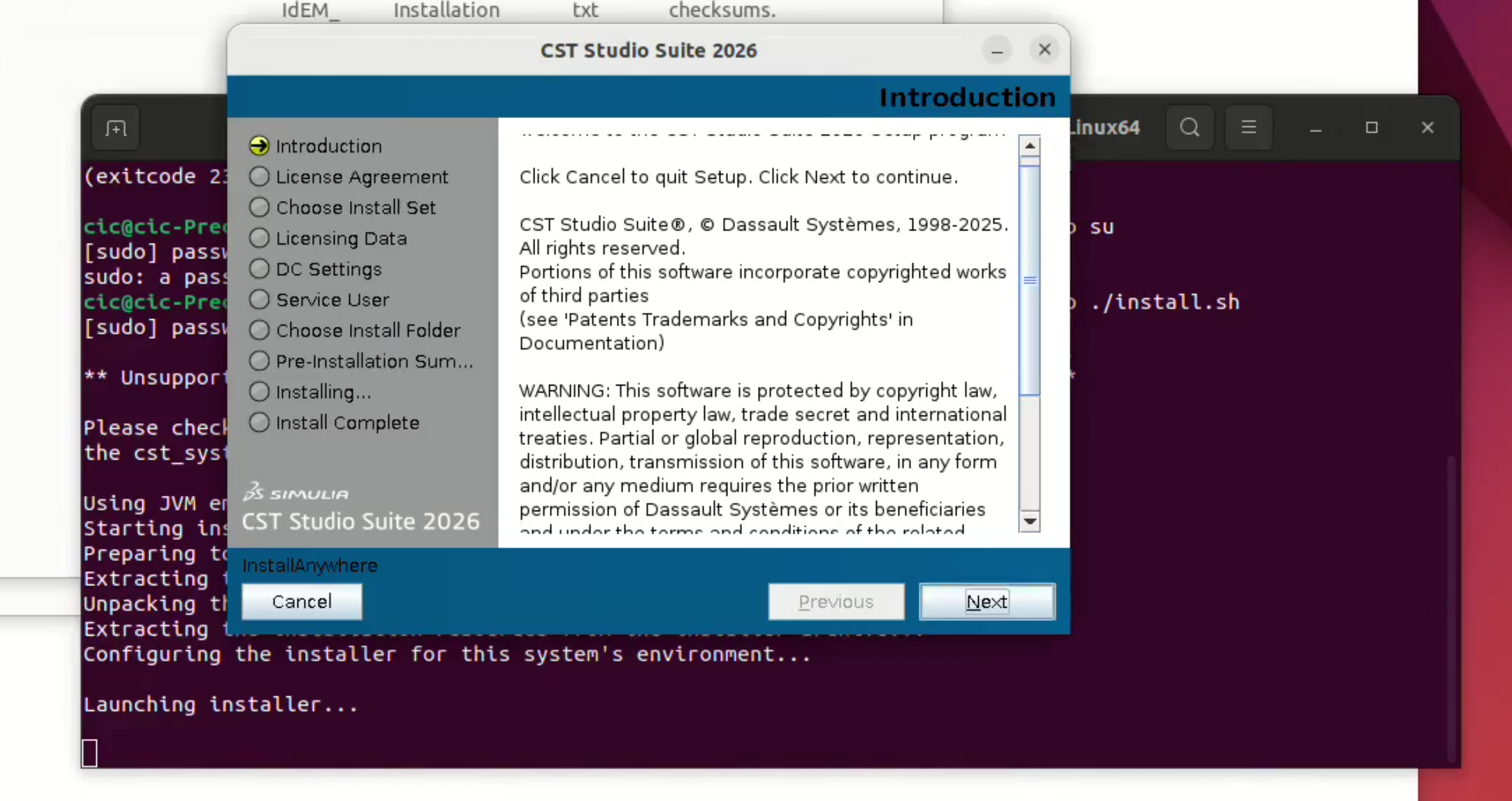 CST Studio installer introduction screen
