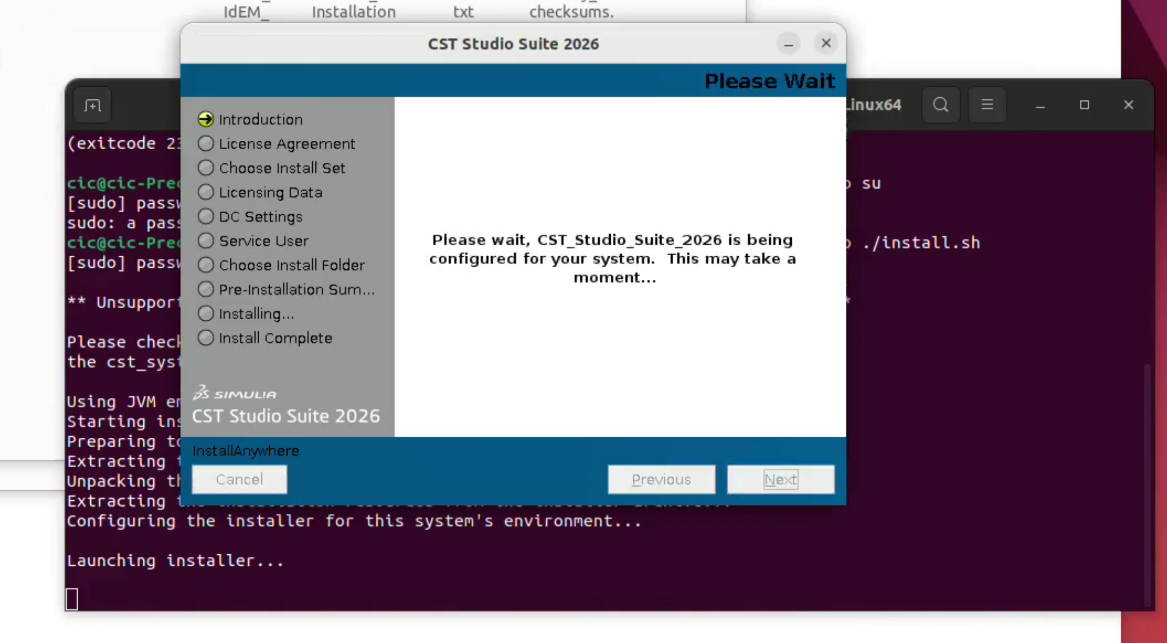 CST installer configuration loading screen