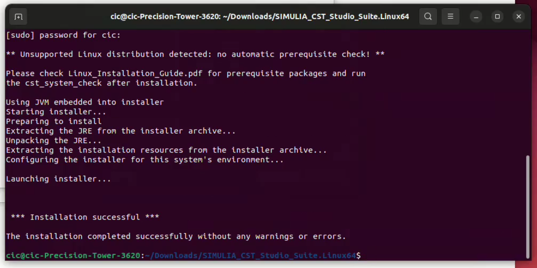 Terminal showing successful CST installation
