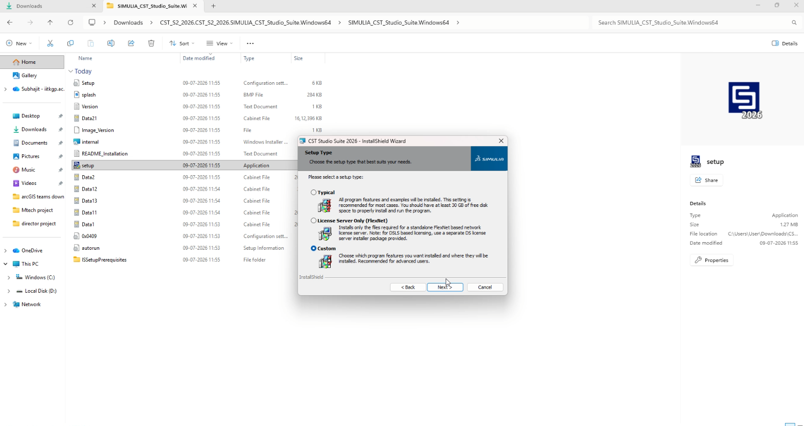 CST Studio destination folder screen