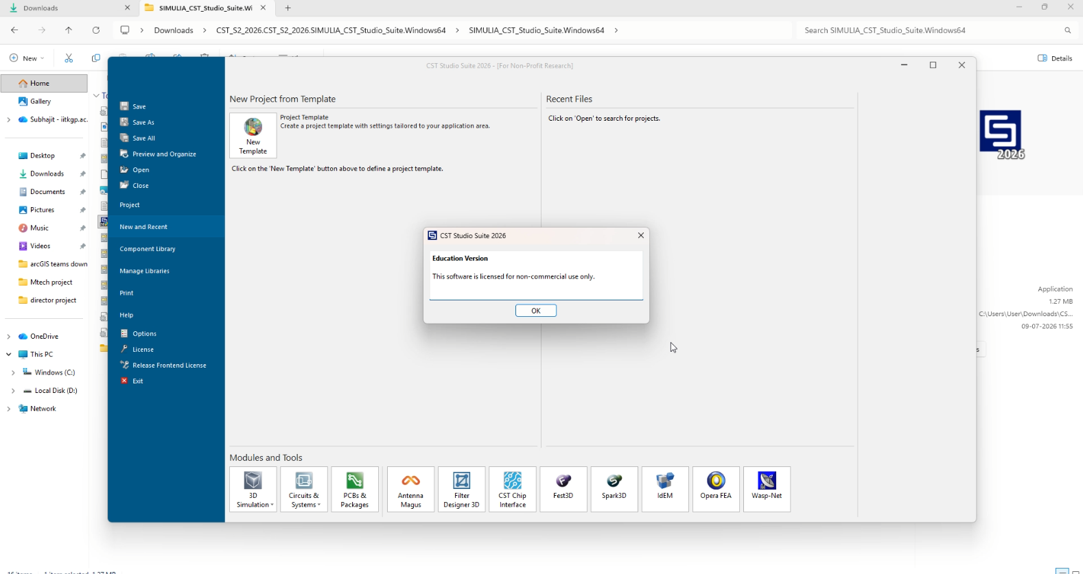 CST Studio education version dialog