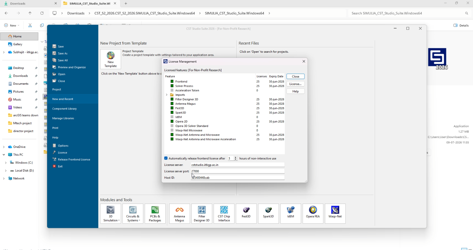 CST Studio License Management window